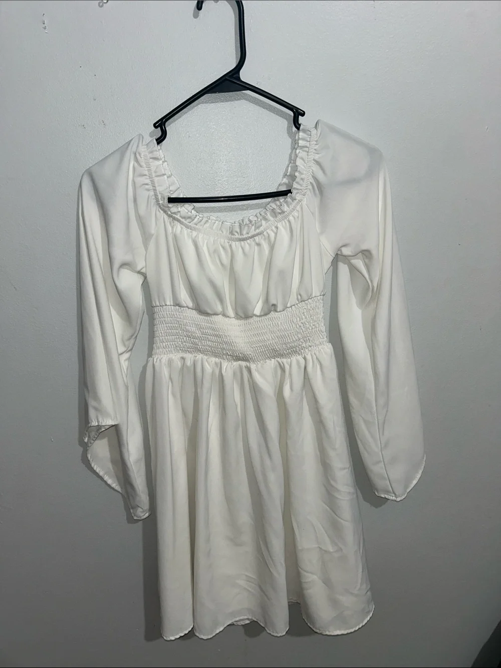 White Smocked Waist Long Sleeve Dress - Picture 1 of 2
